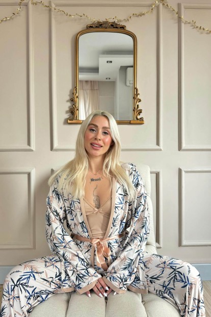 Bej Flore Exclusive Örme Sabahlıklı Kadın Pijama Takımı - 4