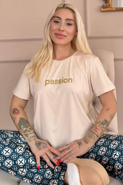 Bej Passion Desenli Kısa Kollu Örme Kadın Pijama Takımı 