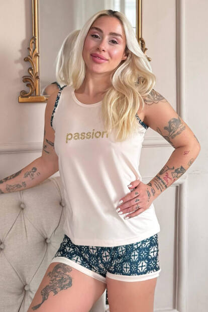 Bej Passion Desenli Sıfır Kol Şortlu Örme Kadın Pijama Takımı - 1