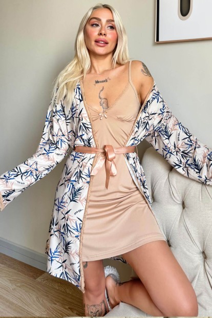 Bej Svila Exclusive Örme Sabahlıklı Gecelik Kadın Pijama Takımı - 1