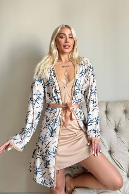 Bej Svila Exclusive Örme Sabahlıklı Gecelik Kadın Pijama Takımı - 2