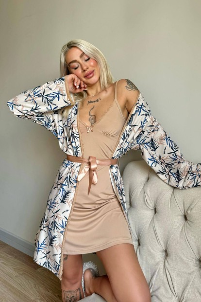 Bej Svila Exclusive Örme Sabahlıklı Gecelik Kadın Pijama Takımı - 3