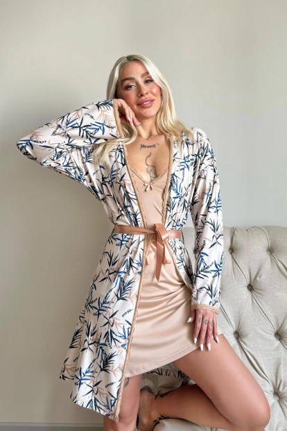Bej Svila Exclusive Örme Sabahlıklı Gecelik Kadın Pijama Takımı - 4