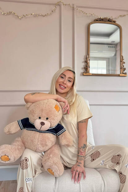Bej Time Desenli Bambu Kısa Kol Kadın Pijama Takımı - 3