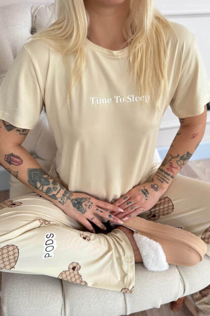 Bej Time Desenli Bambu Kısa Kol Kadın Pijama Takımı - 5