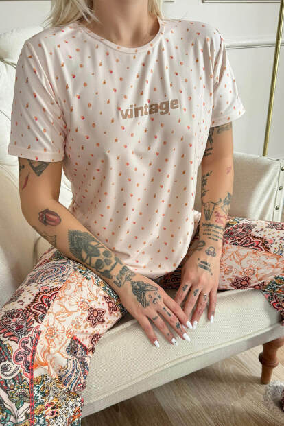 Bej Vintage Desenli Kısa Kollu Örme Kadın Pijama Takımı - 5
