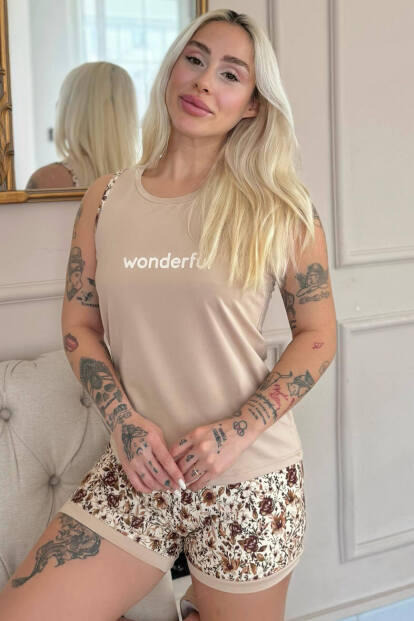 Bej Wonderful Desenli Sıfır Kol Şortlu Örme Kadın Pijama Takımı 