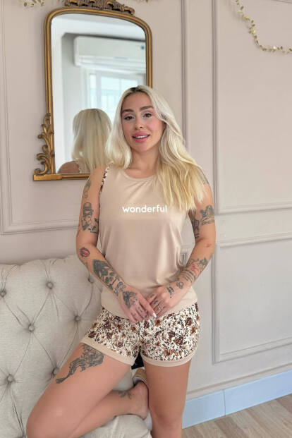 Bej Wonderful Desenli Sıfır Kol Şortlu Örme Kadın Pijama Takımı - 2