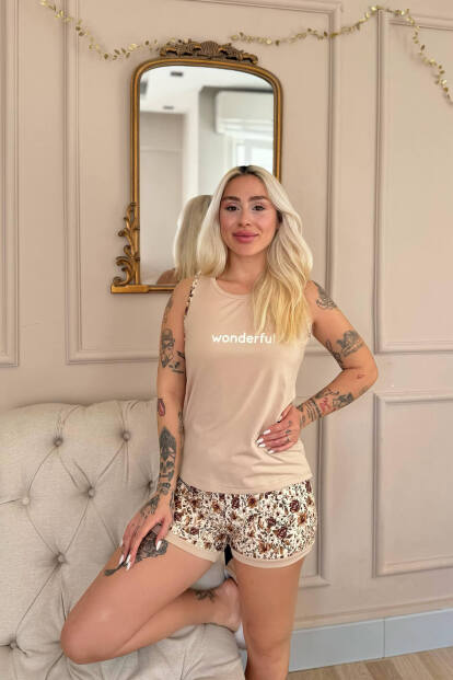 Bej Wonderful Desenli Sıfır Kol Şortlu Örme Kadın Pijama Takımı - 3