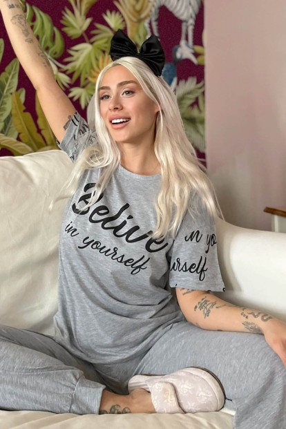 Believe Baskılı Kısa Kollu Kadın Pijama Takımı - Pijamaevi