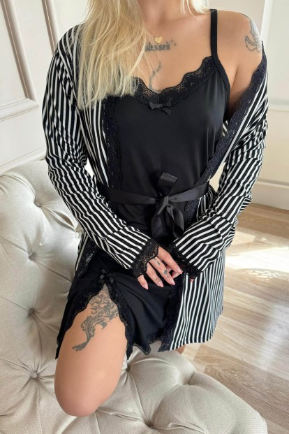 Black Line Desenli Sabahlıklı Gecelik Kadın Pijama Seti - 6