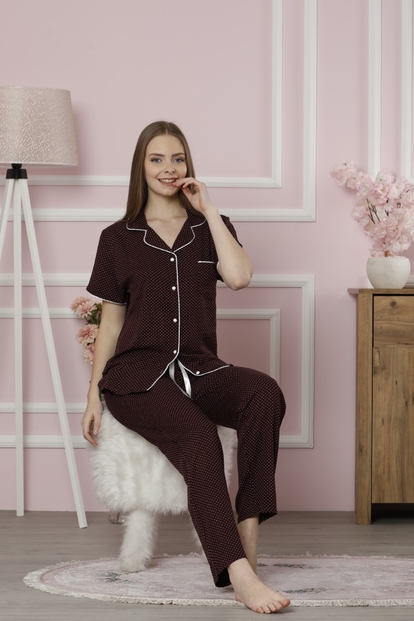 Black One Exclusive Collection Önden Düğmeli Uzun Kollu İpek Saten Pijama Takımı - 1