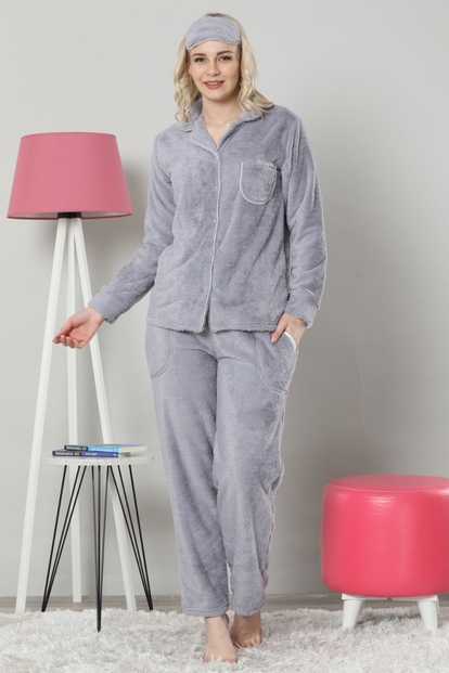 Blue One Tam Peluş Önden Düğmeli Kadın Pijama Takımı - 2