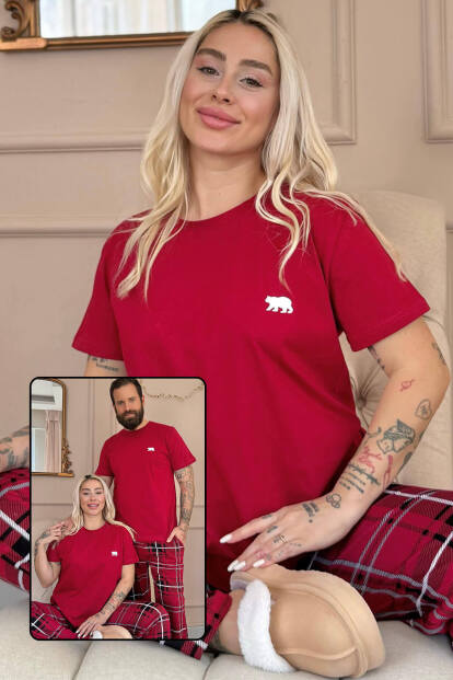 Bordo Bear Kısa Kol Sevgili Aile Pijaması - Kadın Takımı - Pijamaevi