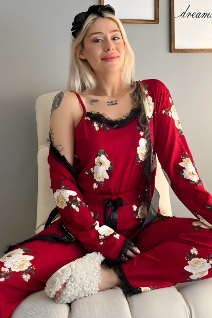 Bordo Çiçek Desenli Sabahlıklı Pegasus Pijama Takımı - Pijamaevi