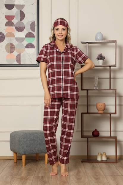 Bordo Ekose Desenli Önden Düğmeli Kısa Kollu Pijama Takımı - 2