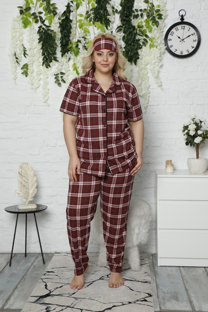 Bordo Ekose Önden Düğmeli Kısa Kollu Büyük Beden Battal Pijama Takımı - 1