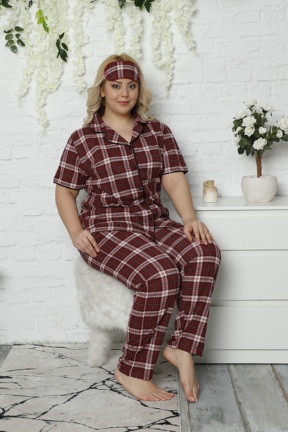Bordo Ekose Önden Düğmeli Kısa Kollu Büyük Beden Battal Pijama Takımı - 2