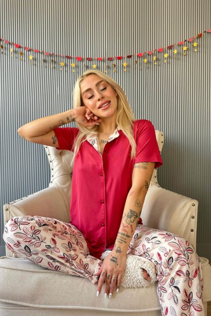 Bordo Florado Exclusive Önden Düğmeli Kısa Kollu Kadın Pijama Takımı - 2