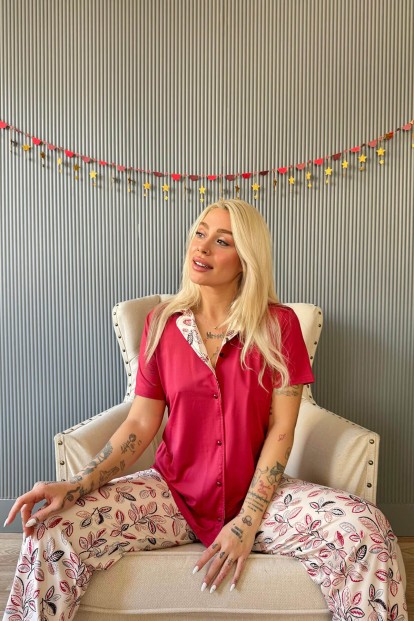 Bordo Florado Exclusive Önden Düğmeli Kısa Kollu Kadın Pijama Takımı - 3