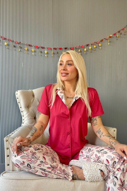 Bordo Florado Exclusive Önden Düğmeli Kısa Kollu Kadın Pijama Takımı - 4