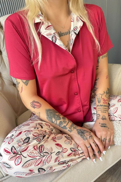Bordo Florado Exclusive Önden Düğmeli Kısa Kollu Kadın Pijama Takımı - 5
