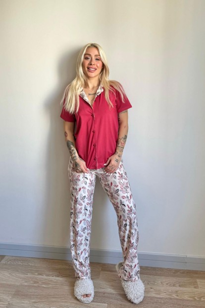 Bordo Florado Exclusive Önden Düğmeli Kısa Kollu Kadın Pijama Takımı - 6