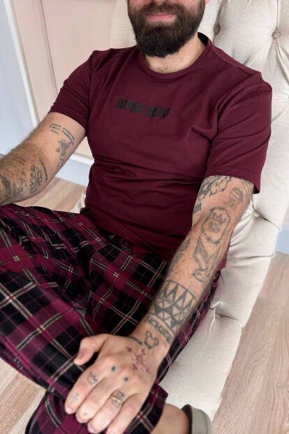 Bordo Hero Baskılı Kısa Kol Erkek Pijama Takımı - 5