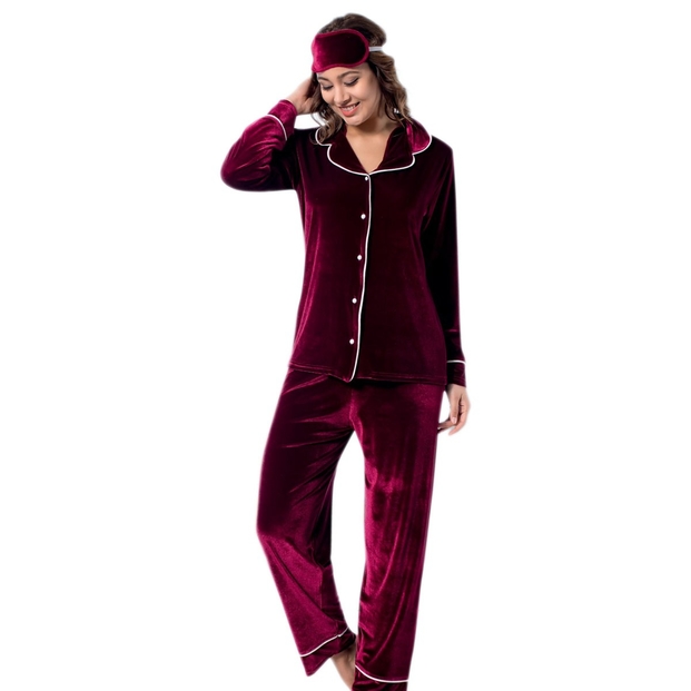Bordo Kadife Önden Düğmeli Pijama Takımı - 1