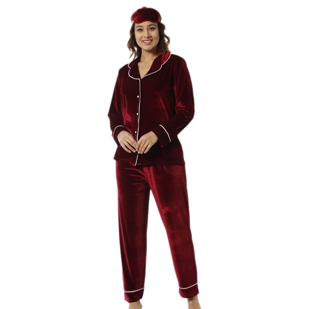 Bordo Kadife Önden Düğmeli Pijama Takımı - 2
