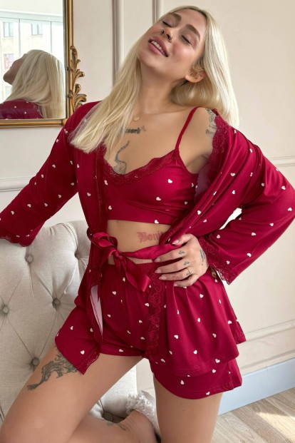 Bordo Kalp Desenli Bambu Crop Sabahlıklı Şortlu Kadın Pijama Takımı 