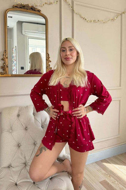 Bordo Kalp Desenli Bambu Crop Sabahlıklı Şortlu Kadın Pijama Takımı - 3