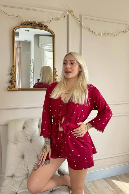 Bordo Kalp Desenli Bambu Crop Sabahlıklı Şortlu Kadın Pijama Takımı - 5