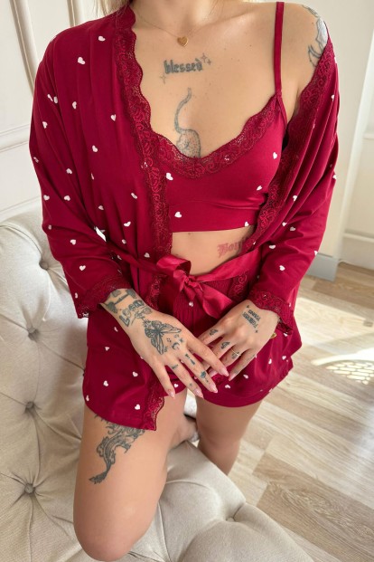 Bordo Kalp Desenli Bambu Crop Sabahlıklı Şortlu Kadın Pijama Takımı - 6