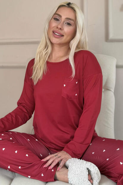 Bordo Kalp Desenli Bambu Uzun Kol Kadın Pijama Takımı 