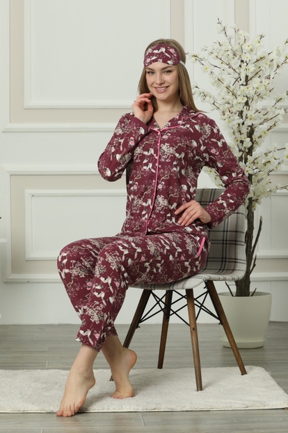 Bordo Leylek Desenli Önden Düğmeli Uzun Kollu Pijama Takımı - 1