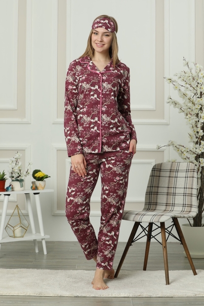 Bordo Leylek Desenli Önden Düğmeli Uzun Kollu Pijama Takımı - 2