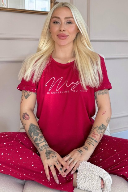 Bordo Magic Desenli Bambu Kısa Kol Kadın Pijama Takımı 