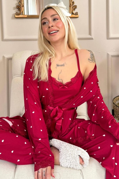 Bordo Mini Kalp Desenli Bambu Sabahlıklı Kadın Pijama Takımı - 1