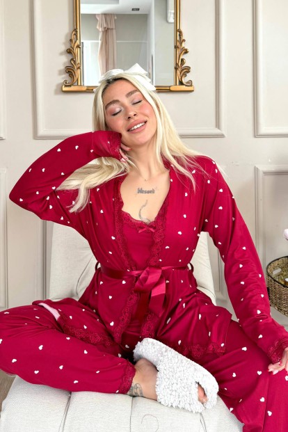 Bordo Mini Kalp Desenli Bambu Sabahlıklı Kadın Pijama Takımı - 3