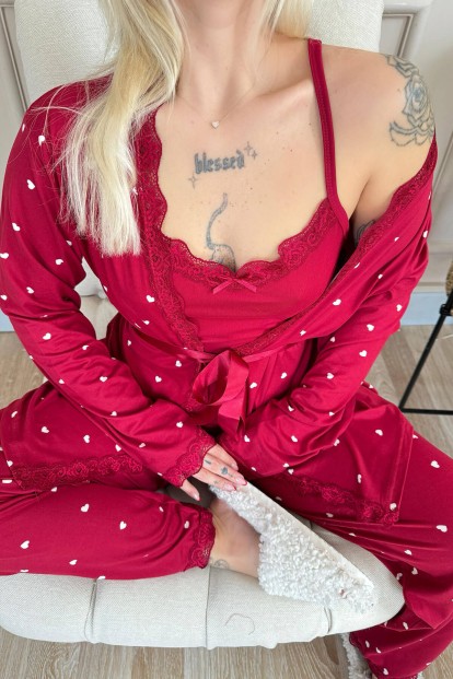 Bordo Mini Kalp Desenli Bambu Sabahlıklı Kadın Pijama Takımı - 5