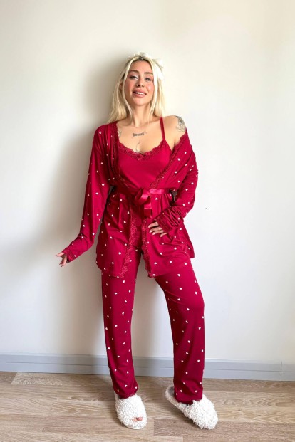 Bordo Mini Kalp Desenli Bambu Sabahlıklı Kadın Pijama Takımı - 6