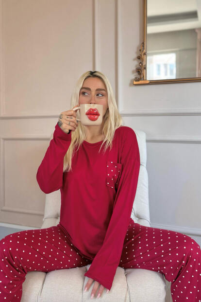 Bordo Mini Puan Desenli Bambu Uzun Kol Kadın Pijama Takımı - 2