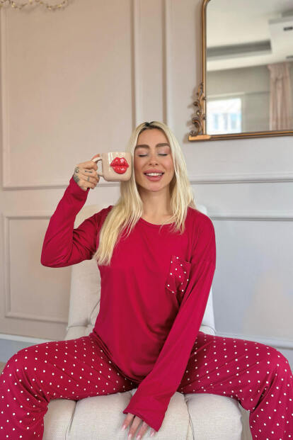 Bordo Mini Puan Desenli Bambu Uzun Kol Kadın Pijama Takımı - 3