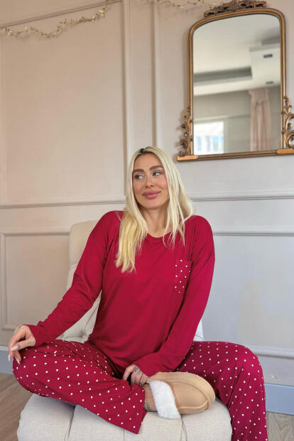 Bordo Mini Puan Desenli Bambu Uzun Kol Kadın Pijama Takımı - 4