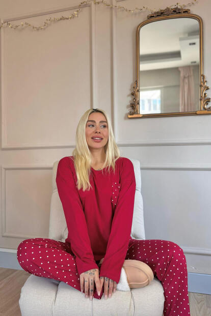 Bordo Mini Puan Desenli Bambu Uzun Kol Kadın Pijama Takımı - 5