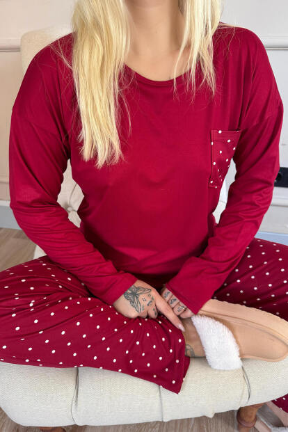 Bordo Mini Puan Desenli Bambu Uzun Kol Kadın Pijama Takımı - 6