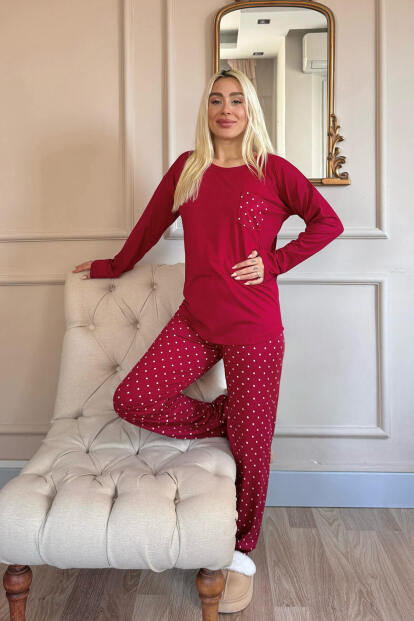 Bordo Mini Puan Desenli Bambu Uzun Kol Kadın Pijama Takımı - 7