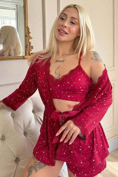 Bordo Mini Stars Desenli Bambu Crop Sabahlıklı Şortlu Kadın Pijama Takımı - 1