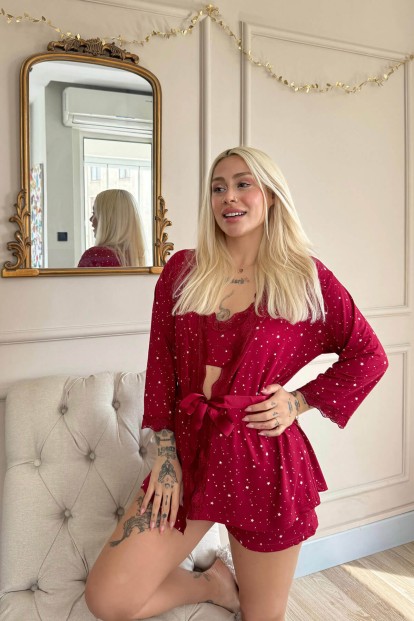 Bordo Mini Stars Desenli Bambu Crop Sabahlıklı Şortlu Kadın Pijama Takımı - 3
